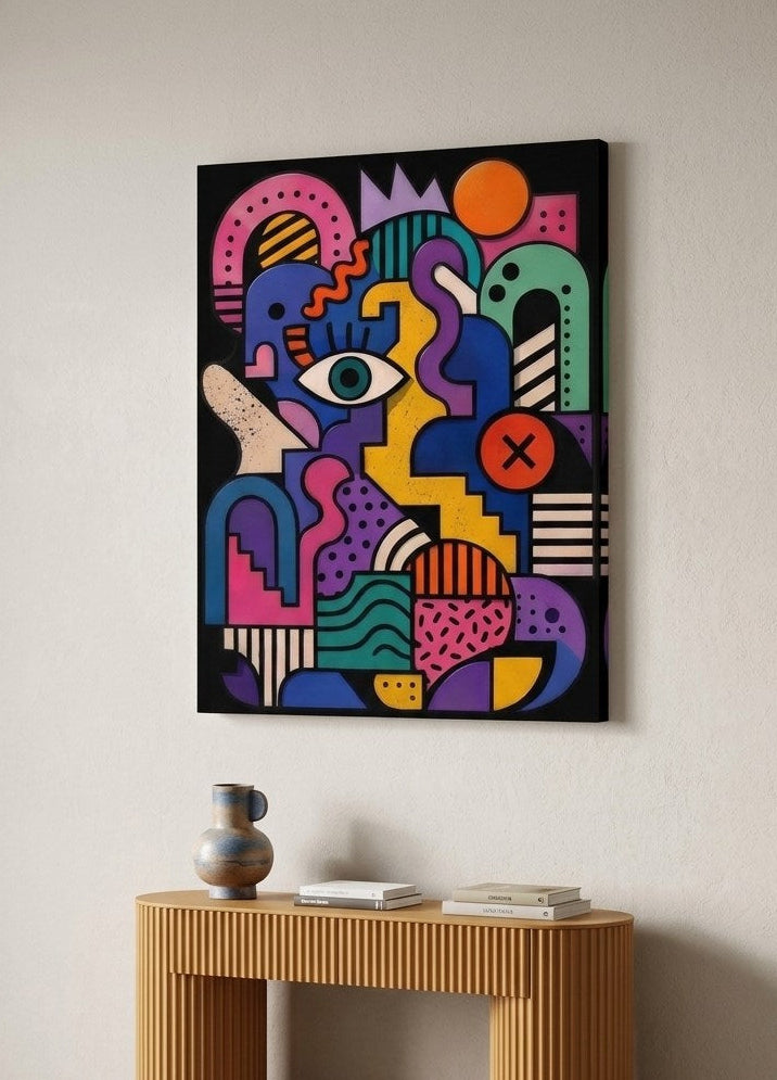 Tableau géométrique coloré imprimé sur toile et présenté de profil avec son châssis bois
