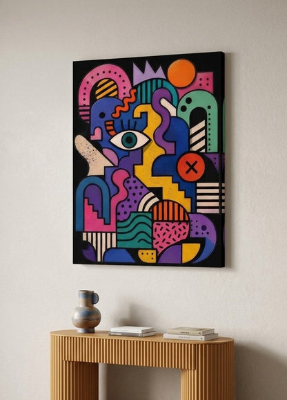 Tableau géométrique coloré imprimé sur toile et présenté de profil avec son châssis bois
