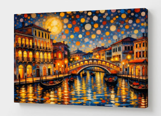 Vue de profil impression sur toile Venise gondoles canal nuit illustration urbaine lumineuse
