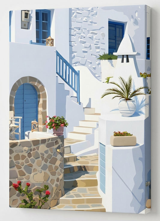 Vue de profil impression toile village grec ruelles blanches et bleues
