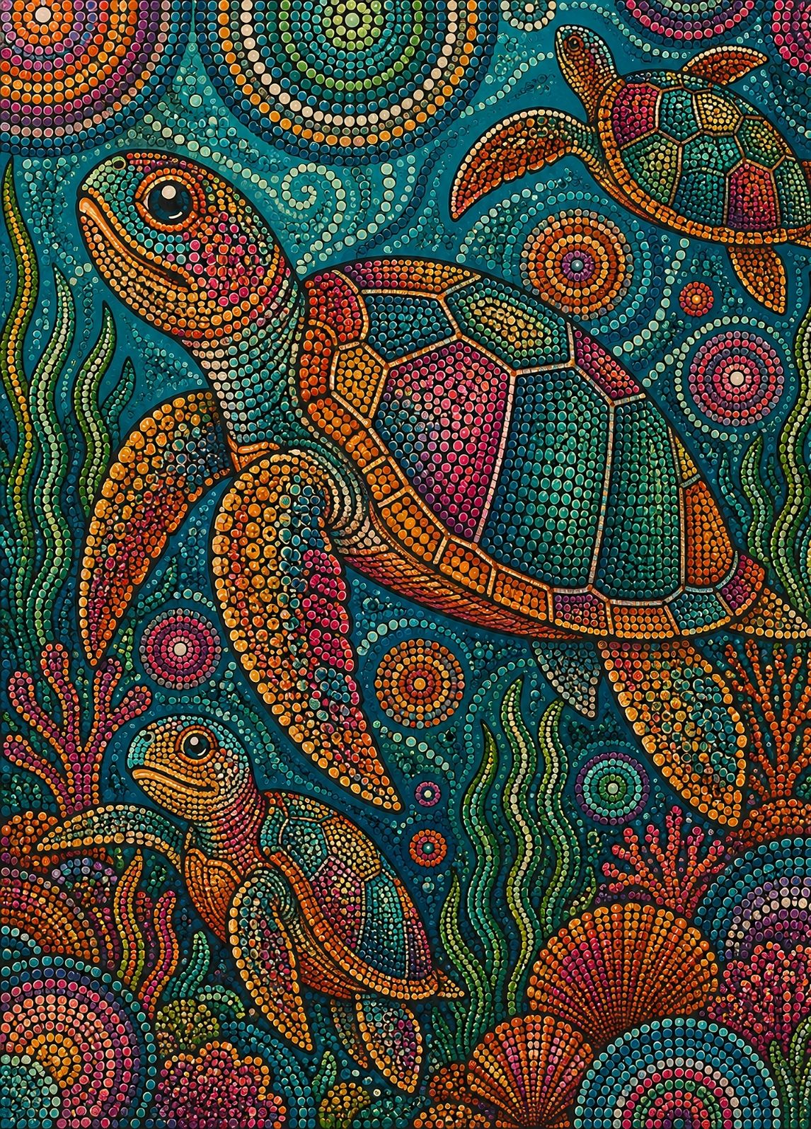 Tortues marines colorées inspirées de l'art aborigène dans un univers océanique
