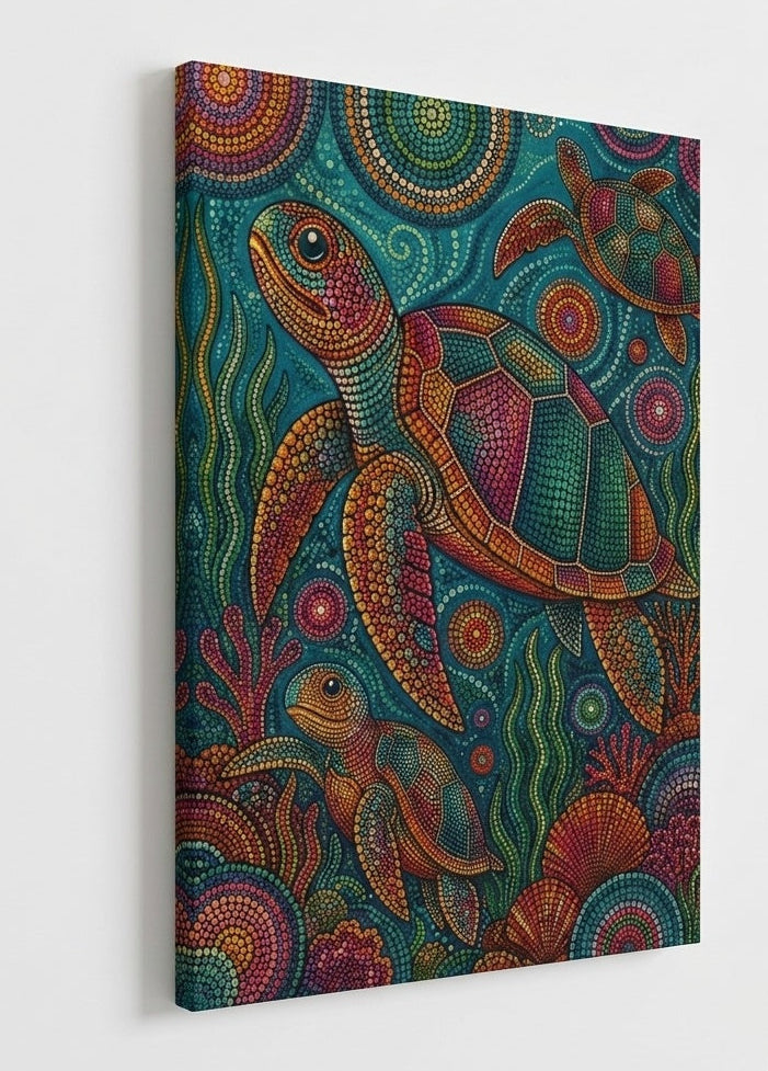 Détails des motifs pointillistes et des couleurs éclatantes des tortues
