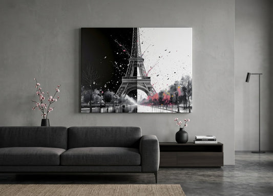 Tableau Tour Eiffel noir blanc accroché dans salon moderne décoration murale parisienne
