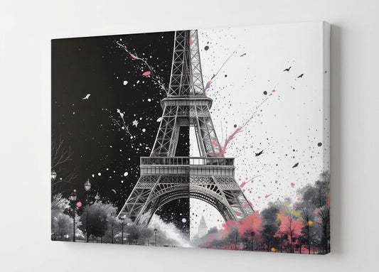 Vue de profil toile Tour Eiffel noir et blanc sur châssis avec impression artistique contemporaine
