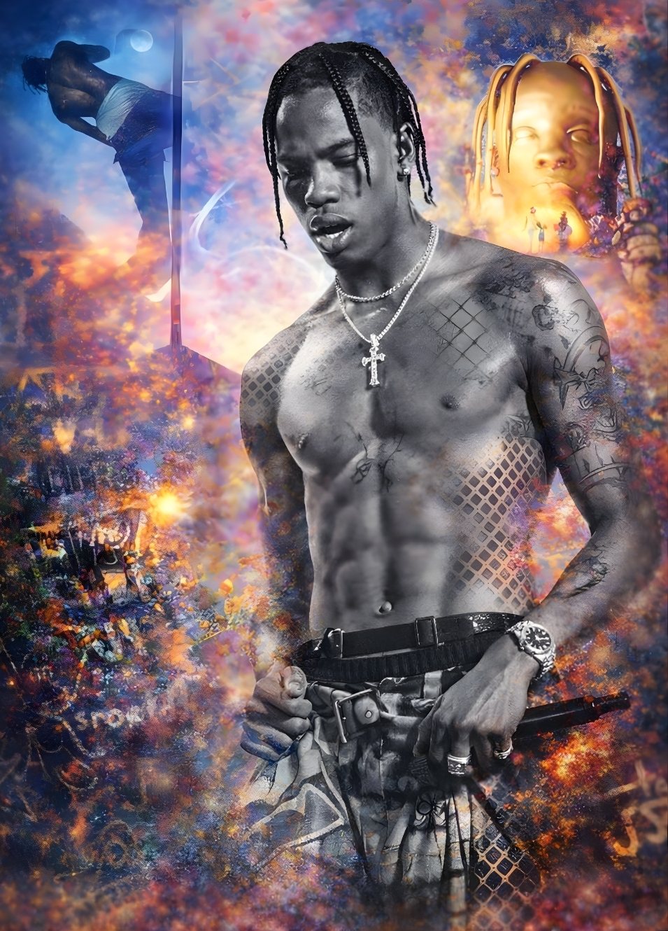 Portrait Travis Scott style collage artistique rap univers Astroworld couleurs intenses pop culture

