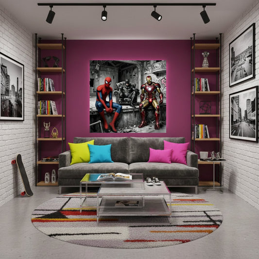 Tableau Triptyque Héros accroché dans un salon moderne, décoration murale avec Spider-Man, Batman et Iron Man, ambiance héroïque et urbaine.