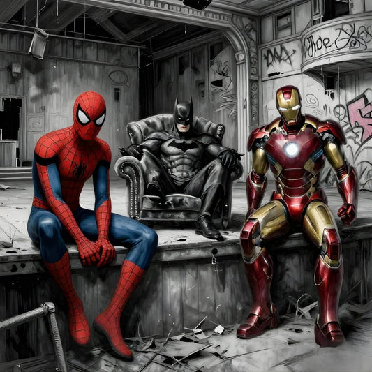 Tableau Triptyque Héros : Spider-Man, Batman et Iron Man dans un décor urbain, création exclusive Iconik-Art.