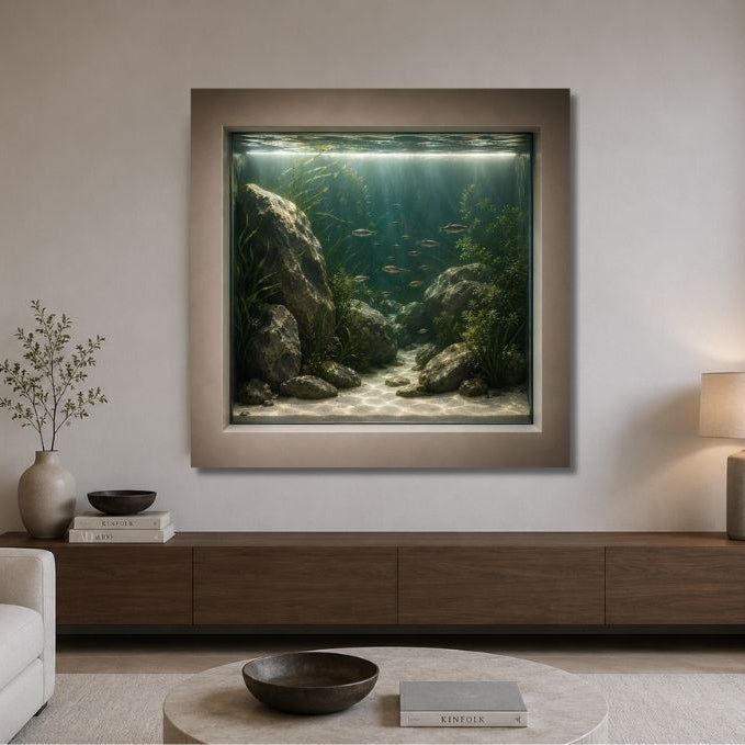 Trompe l'œil aquarium mural avec végétation aquatique

