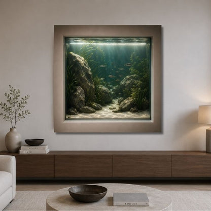 Trompe l'œil aquarium mural avec végétation aquatique
