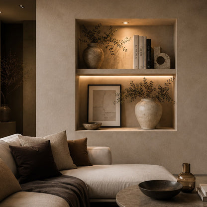 Trompe l'œil mur contemporain avec niches et éclairage chaleureux
