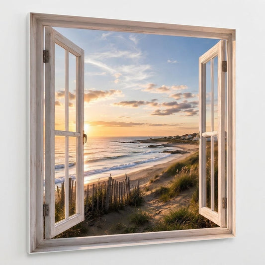 Trompe l'œil mural bord de mer avec plage et coucher de soleil
