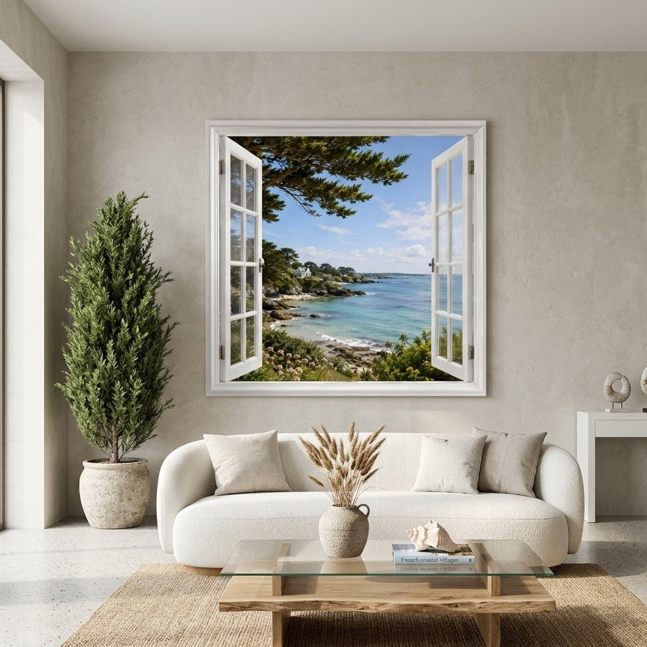 Tableau fenêtre ouverte en trompe l'œil sur le littoral breton
