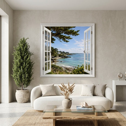 Tableau fenêtre ouverte en trompe l'œil sur le littoral breton
