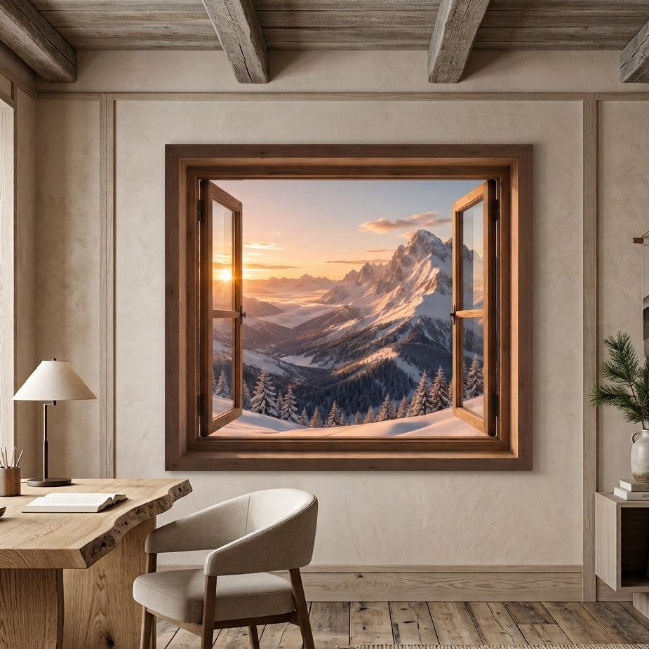 Trompe l'œil mural montagne avec sapins et sommets enneigés
