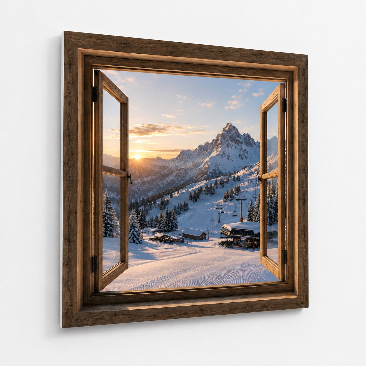 Trompe l'œil mural avec vue sur une station de ski enneigée

