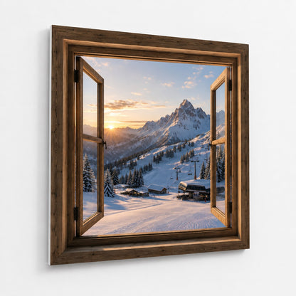 Trompe l'œil mural avec vue sur une station de ski enneigée
