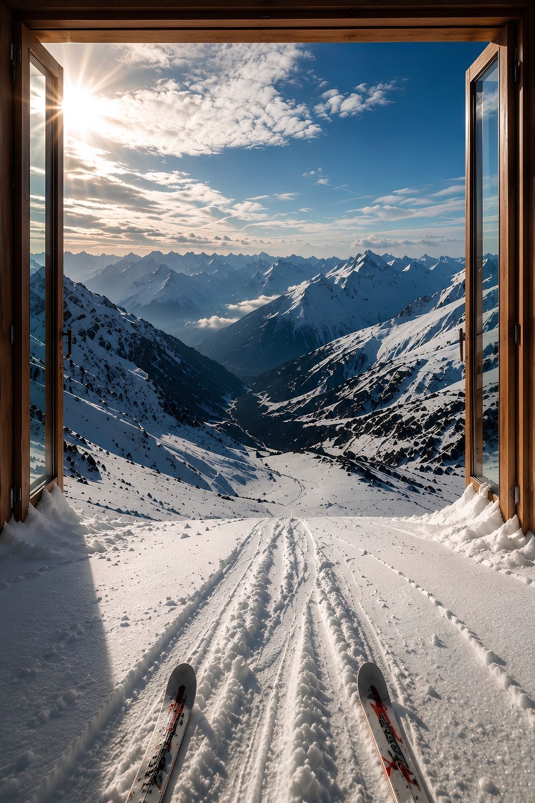 Trompe-l'œil mural donnant sur une piste de ski et un panorama de haute montagne
