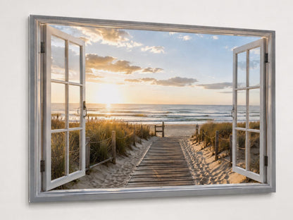 Trompe l'œil paysage marin avec dunes et passerelle en bois

