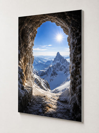 Trompe l'œil paysage de montagne avec sommets enneigés
