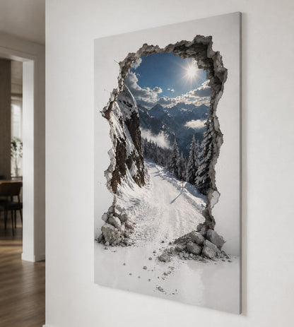 Trompe l'œil piste de ski avec paysage de montagne enneigée
