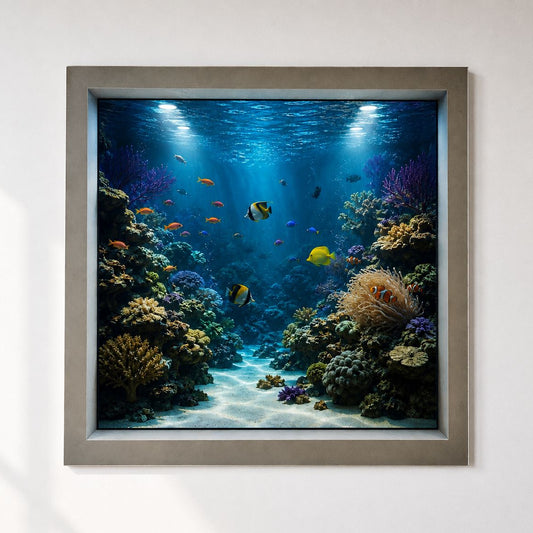 Tableau trompe l'œil aquarium avec poissons tropicaux et coraux
