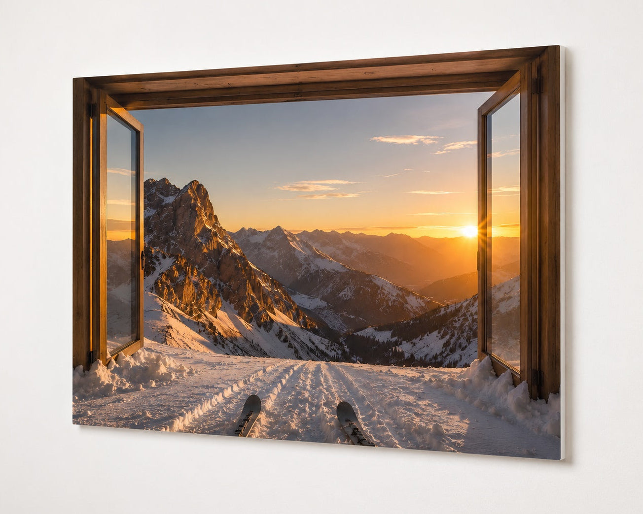 Trompe-l'œil ski face à un panorama de montagne au soleil couchant
