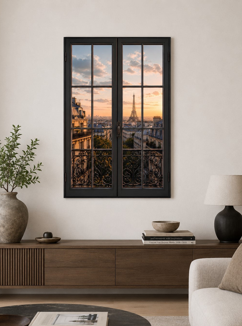 Trompe l'œil Tour Eiffel au coucher du soleil derrière une fenêtre
