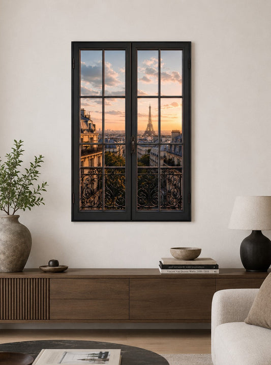 Trompe l'œil Tour Eiffel au coucher du soleil derrière une fenêtre
