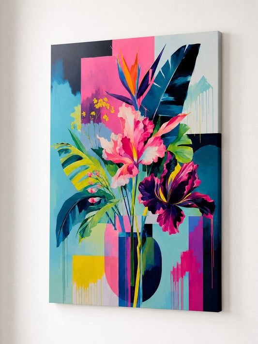 Tableau Tropical Pulse imprimé sur toile et présenté sur châssis entoilé légèrement de profil
