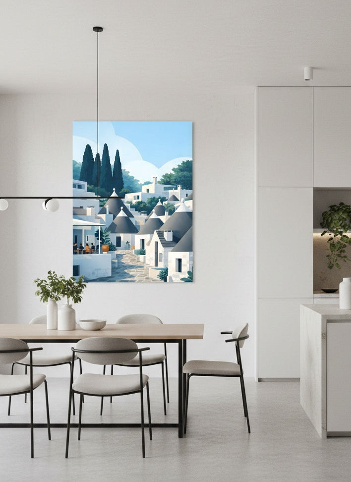 Tableau mural design trulli des Pouilles pour intérieur chic et épuré
