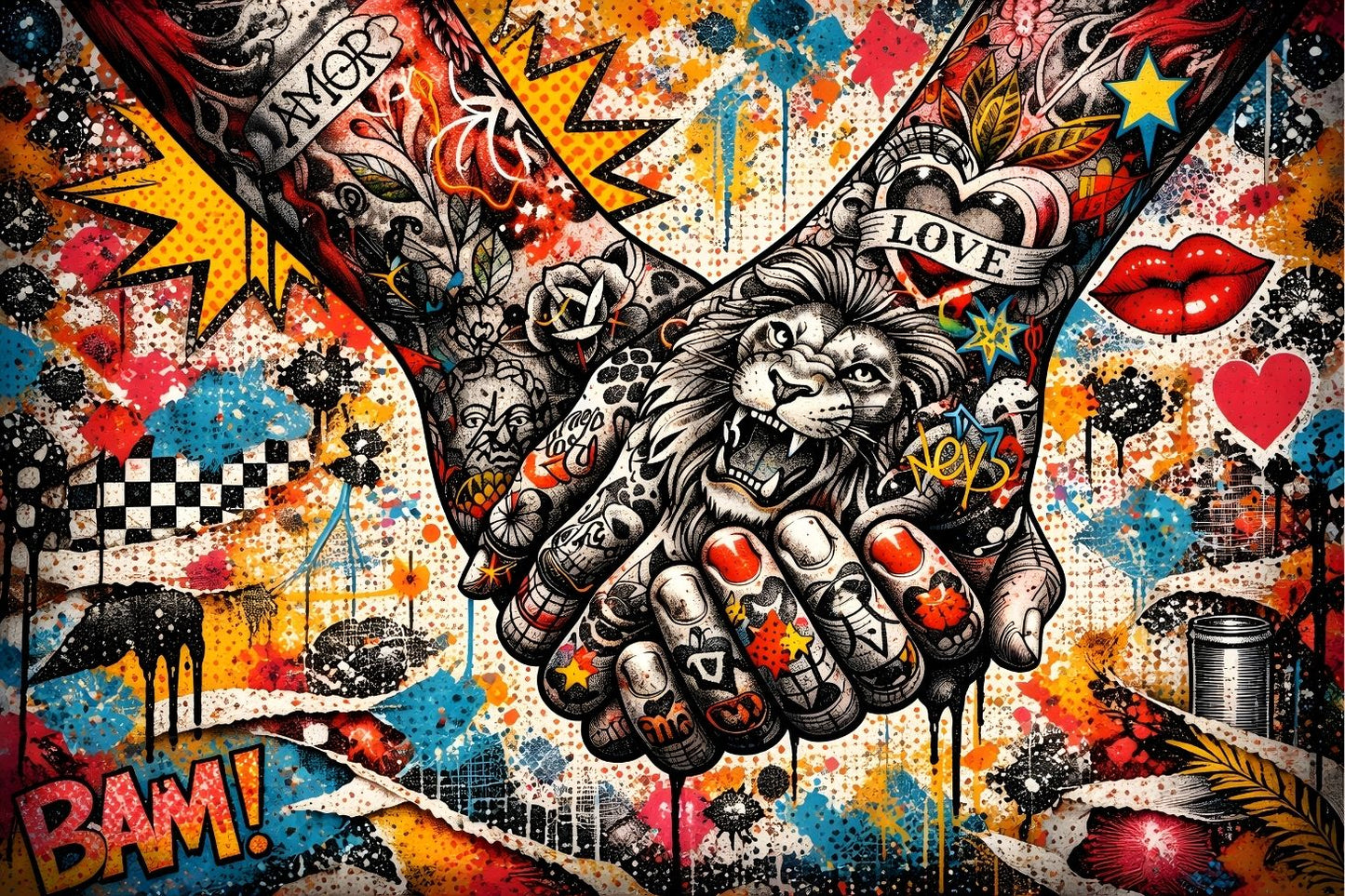 Tableau pop art street art avec lion et mains tatouées, composition urbaine puissante
