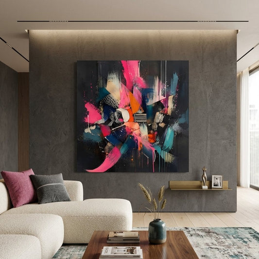 Tableau abstrait coloré présenté dans un salon moderne
