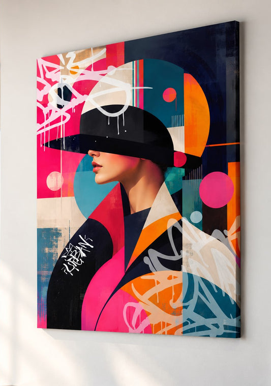 Tableau femme coloré Urban Muse dans un intérieur contemporain
