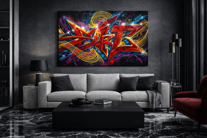 Tableau graffiti sur toile en décoration murale dans un salon moderne esprit loft
