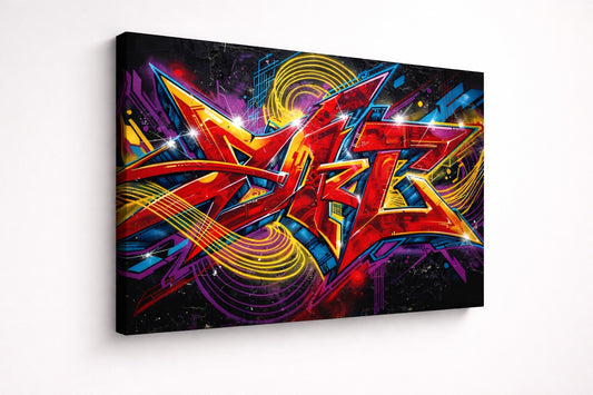 Vue de profil du graffiti sur toile sur châssis, impression haute qualité et couleurs intenses
