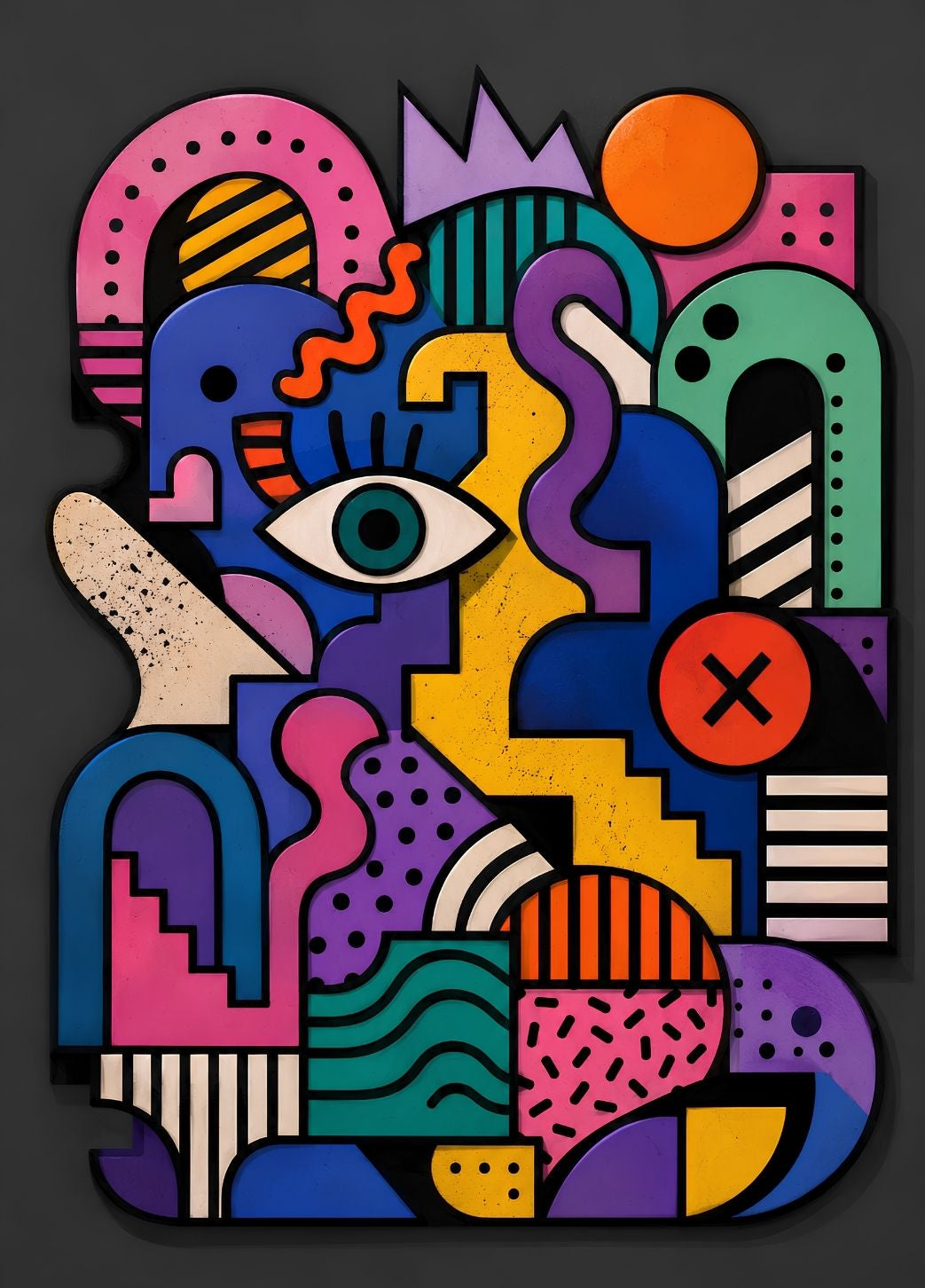 Tableau abstrait géométrique pleine page aux formes graphiques multicolores sur fond anthracite
