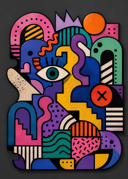 Tableau abstrait géométrique pleine page aux formes graphiques multicolores sur fond anthracite
