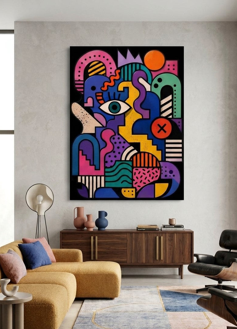 Tableau abstrait coloré Urban Puzzle présenté accroché au mur dans un salon contemporain
