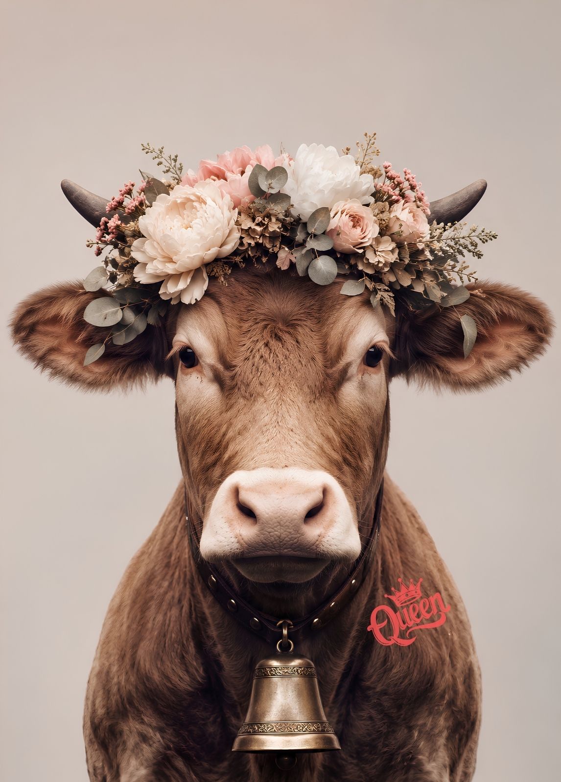 Tableau vache avec fleurs et cloche alpine, portrait frontal décoré d'une couronne florale rose et blanche sur fond beige.
