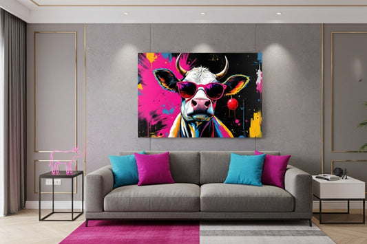 Tableau vache pop art accroché dans salon moderne, art mural animalier revisité ambiance loft urbain design

