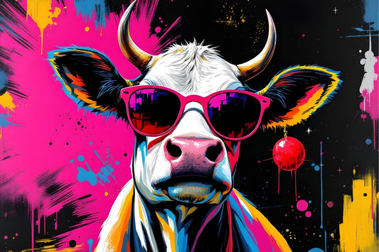 Tableau vache pop art avec lunettes roses, éclaboussures graffiti colorées style street art, décoration murale contemporaine

