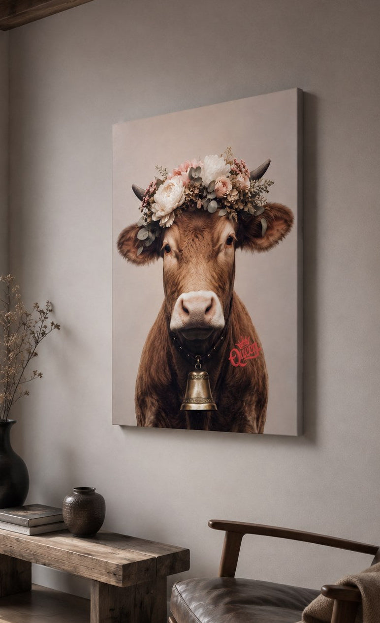 Tableau animal montagne original représentant une vache brune couronnée de fleurs dans une composition beige douce et contemporaine.
