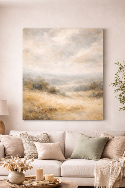 Tableau vallée dorée accroché dans salon moderne ambiance naturelle apaisante
