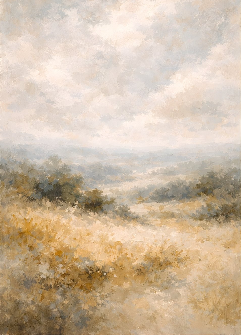 Tableau contemporain vallée dorée brume matinale style semi abstrait lumineux
