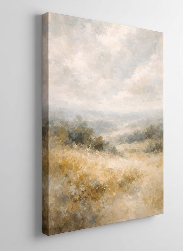 Vue de profil du tableau vallée dorée sur toile, texture artistique et nuances sable et ocre
