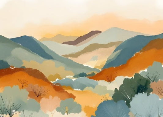 Tableau moderne vallée ocre et vert sauge style figuration expressive
