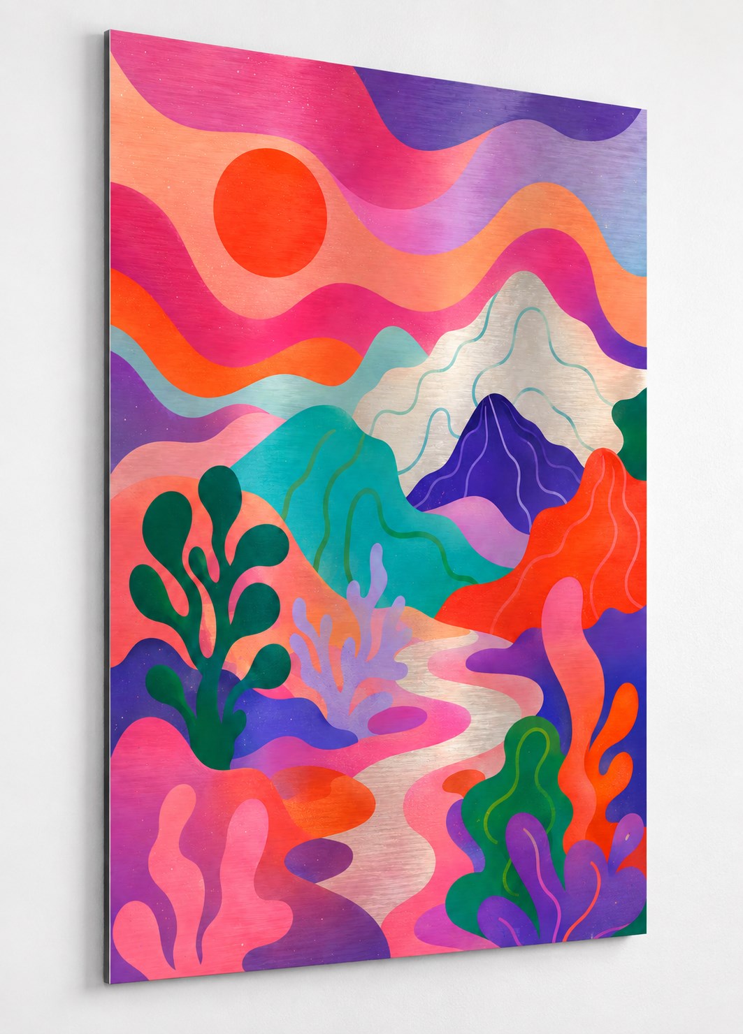 Tableau Vallée Psychédélique sur aluminium mettant en valeur ses couleurs rose, violet, orange et turquoise

