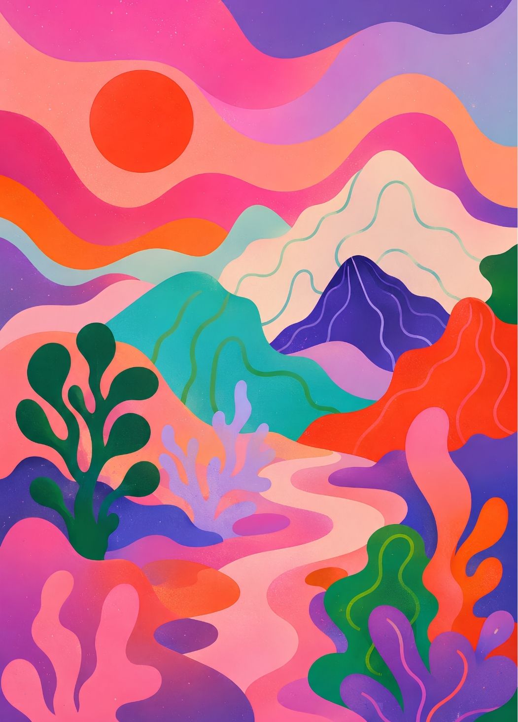 Paysage imaginaire coloré avec montagnes, rivière et végétation aux formes graphiques
