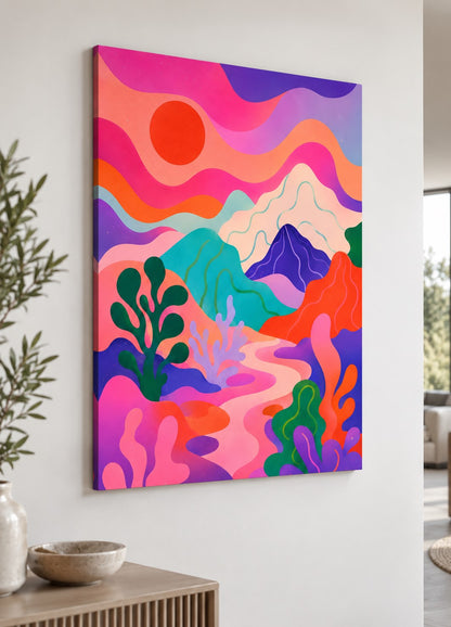 Tableau paysage très coloré Vallée Psychédélique présenté dans un intérieur contemporain
