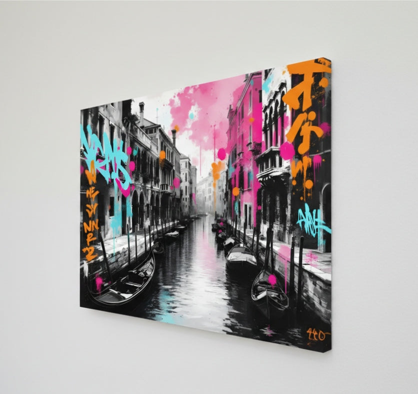 Tableau ville Venise noir et blanc avec éclaboussures peinture pop art

